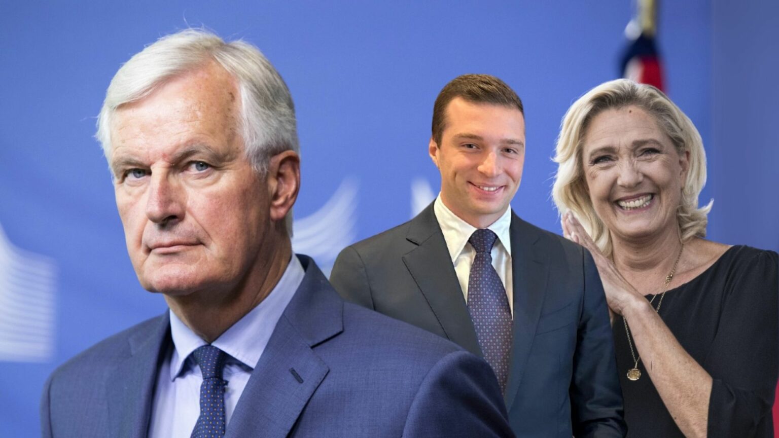 Michel Barnier, Jordan Bardella e Marine Le Pen