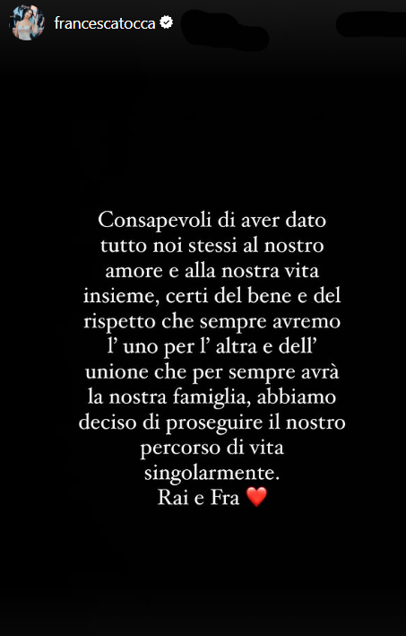 Francesca Tocca annuncia la separazione da Raimondo Todaro