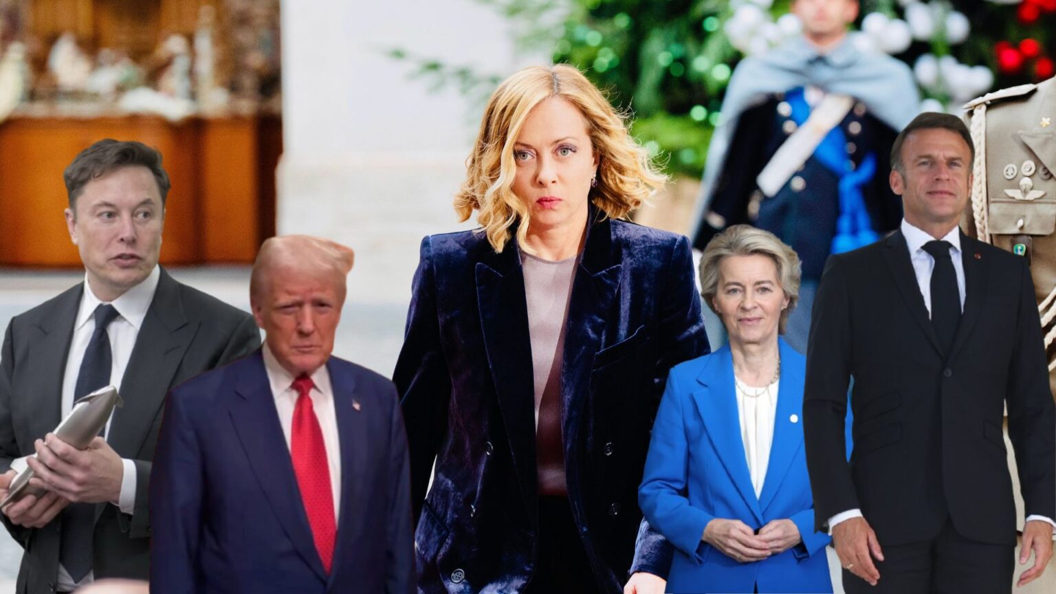 Giorgia Meloni, Elon Musk, Donald Trump, Ursula Von der Leyen ed Emmanuel Macron