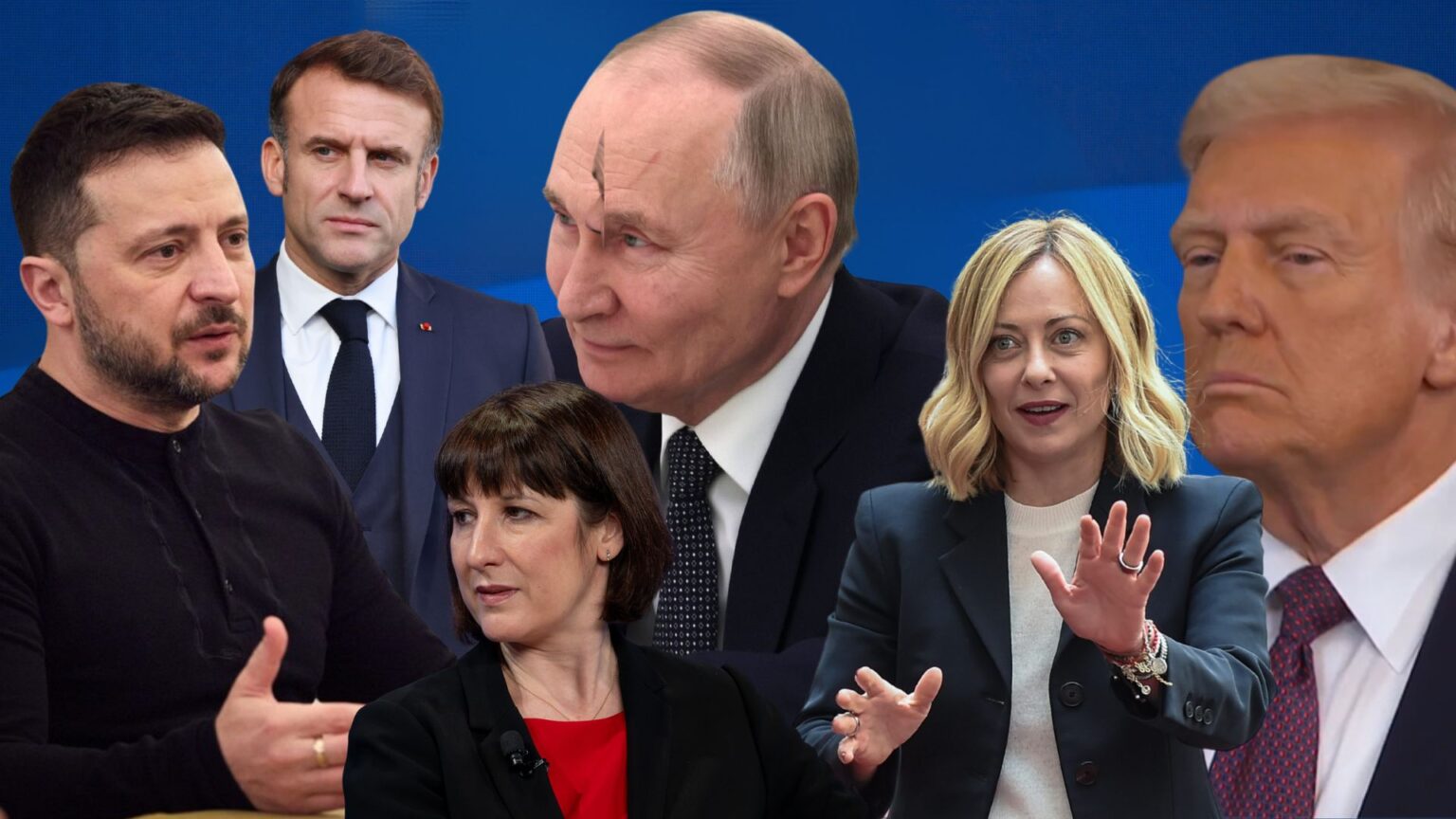 Rachel Reeves, Ministro delle Finanze in Inghilterra, Donald Trump, Presidente USA, Giorgia Meloni, Presidente del Consiglio, Emmanuel Macron, Presidente francese, Volodymyr Zelensky, Presidente ucraino