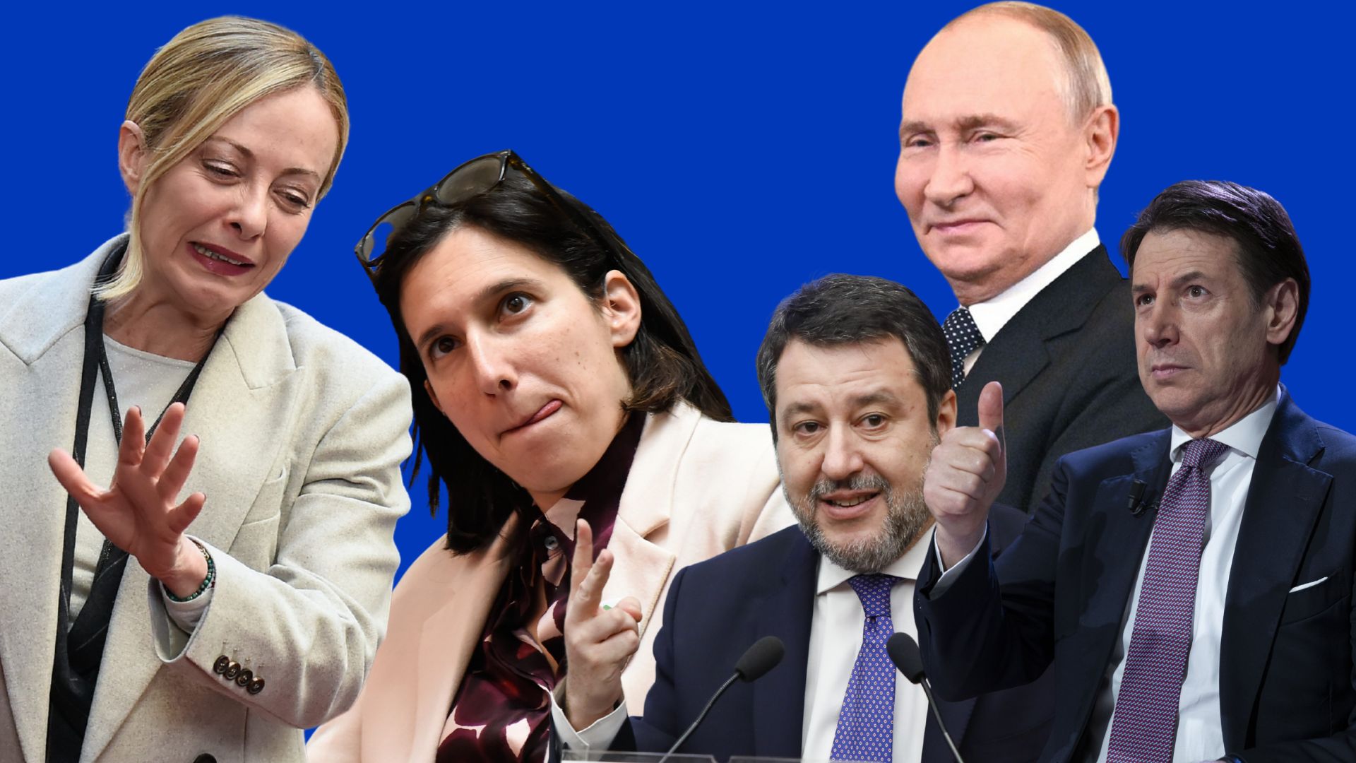 Giorgia Meloni, Elly Schlein, Matteo Salvini, Giuseppe Conte, Vladimir Putin