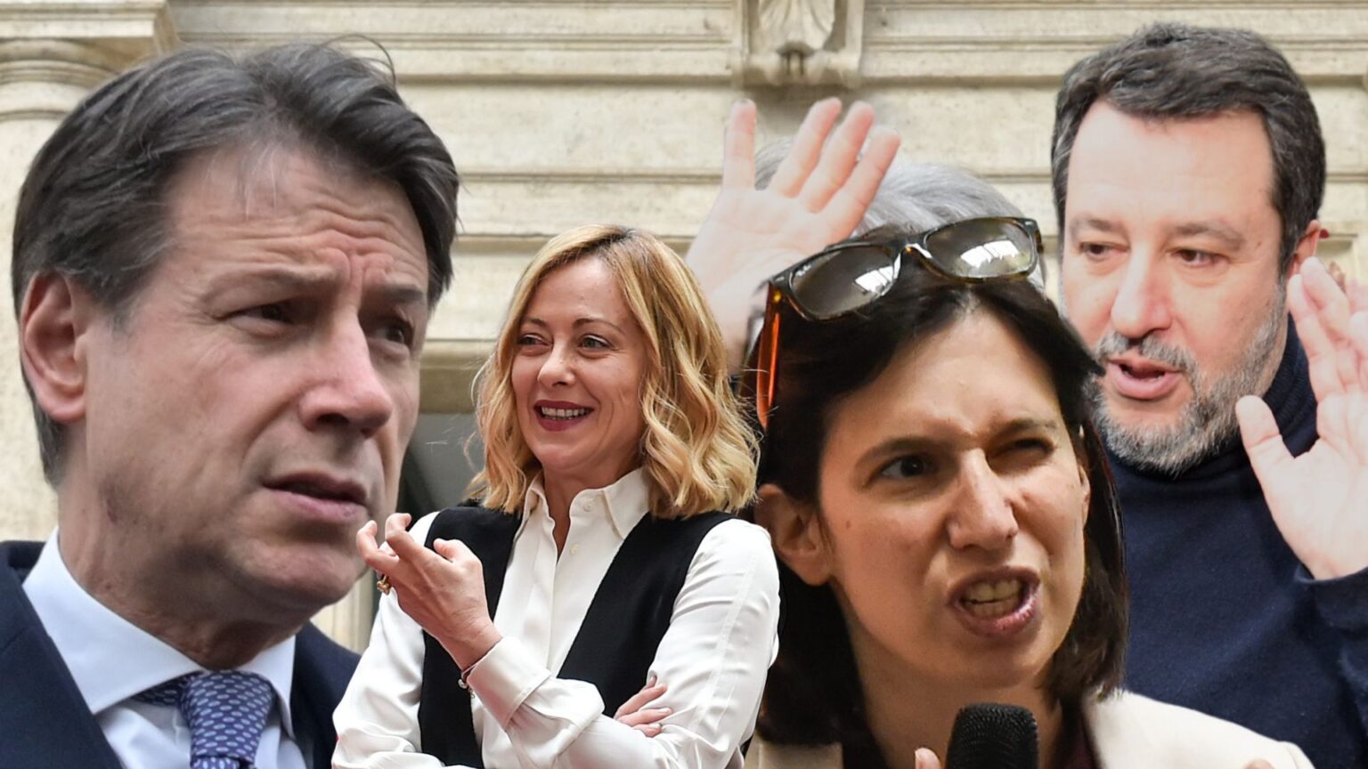 Giuseppe Conte, Giorgia Meloni, Elly Schlein, Matteo Salvini